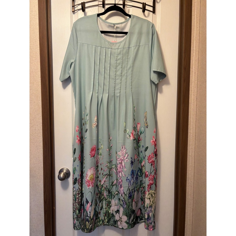 Sage Green Floral Pintuck V-Neck Midi‎ Dress Short Sleeve Wildflower Print XL